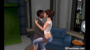 This sexy 3D brunette babe is sucking a big ebony cock