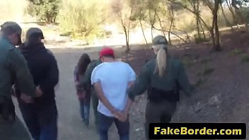 Two border agents in a threeway fuck with a sexy brunette immigrant slut